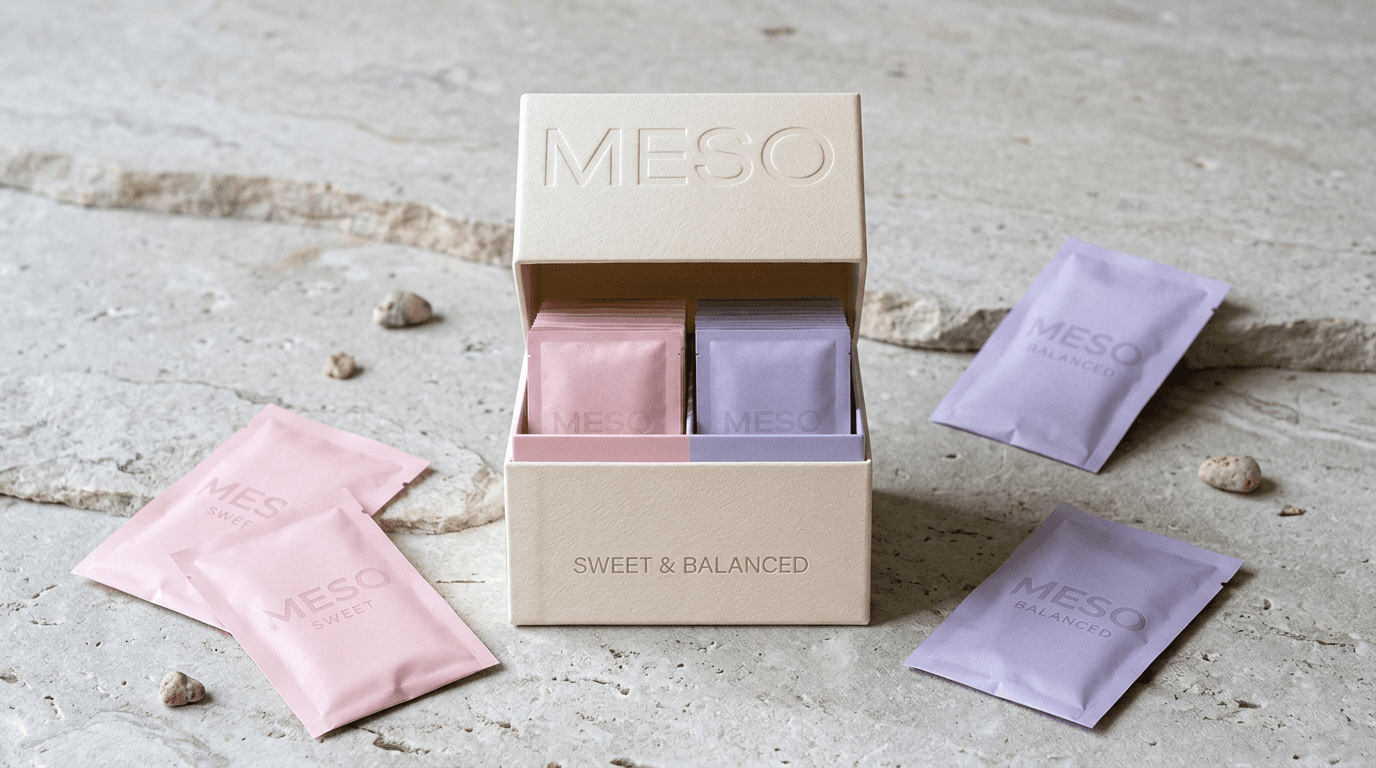 The MESO box, open, with Sweet and Balanced sachets on a stone surface