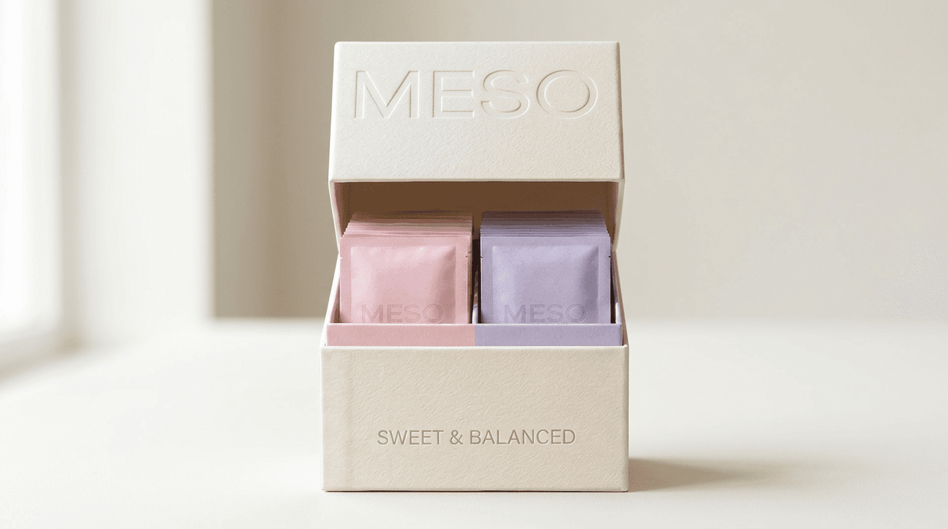 The MESO box, open, with Sweet and Balanced sachets in soft natural light