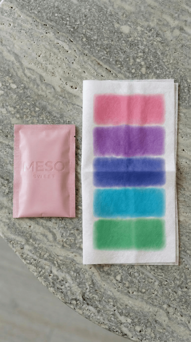 MESO Sweet sachet beside an unfolded wipe showing its pH color